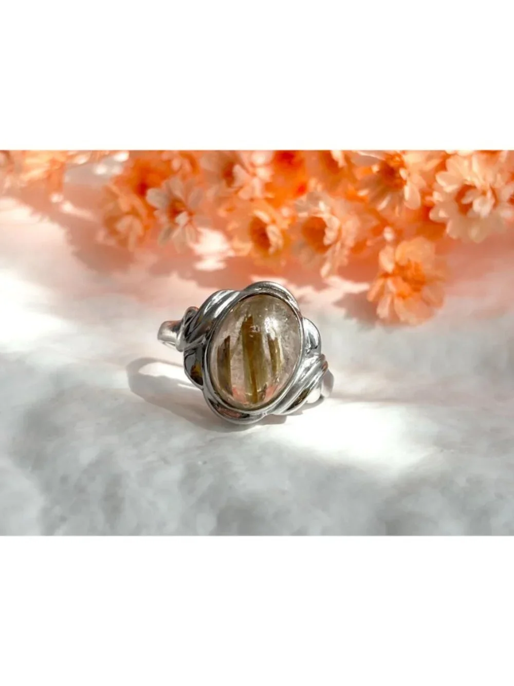 Golden Rutilated Gold Quartz Sterling Silver 925 Solitaire Vintage Ring sz 8.75